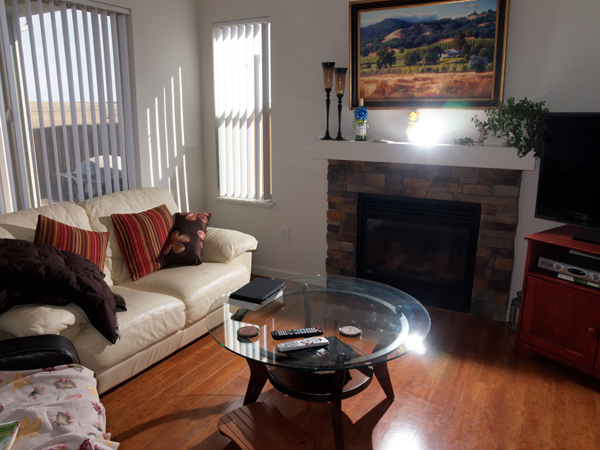 Photograph showing E-P3 shooting into a room with daylighted windows, popup flash with remote Fl-300r positioned on fireplace mantel.
